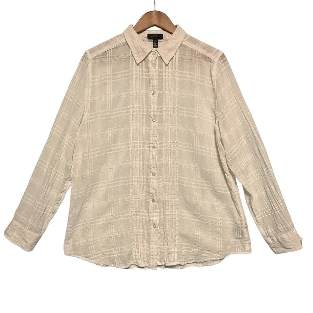 LRL SemiSheer White Plaid Button Up Blouse Womens SIZE XL Classic Quiet Luxury